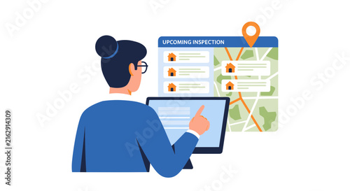 Real Estate Agent Planning Upcoming Home Inspections with Interactive Map and Laptop Interface