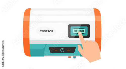 Modern Smart Energy Inverter with Hand Pressing Eco-Mode Button for Sustainable Green Power and Energy Efficiency Technology Concept
