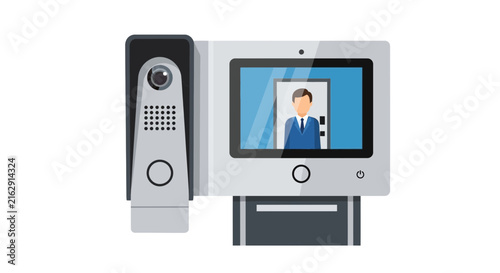 Modern Smart Home Video Intercom System with Doorbell Camera and Monitor Showing Visitor, Vector Illustration Isolated on White Background