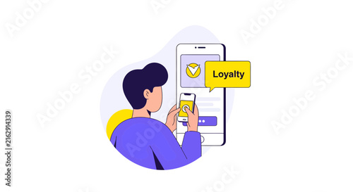 Digital Customer Loyalty Program Concept: Man Using Mobile App for Rewards and Engagement, Vector Illustration