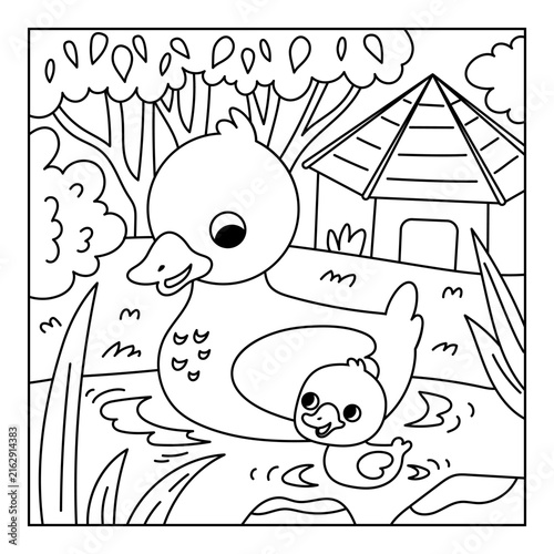 фотографія Coloring book for children with cute duck and duckling