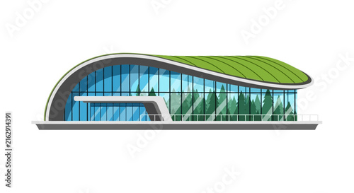 Modern Eco-Friendly Sustainable Building with Green Roof and Glass Facade Reflecting Pine Forest - Futuristic Architecture Illustration Isolated on White