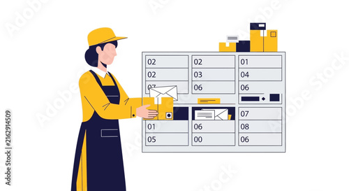 Courier Woman Delivering Package to Automated Post Office Locker Vector Illustration. Concept of E-commerce Logistics, Parcel Shipping, and Modern Self-Service Mail Pickup.