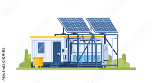 Green Energy Hydrogen Production Station with Solar Panels and Modular Storage, Flat Vector Illustration
