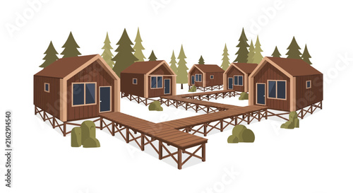 Eco-Lodge Forest Resort with Wooden Cabins and Boardwalk Illustration Isolated on White