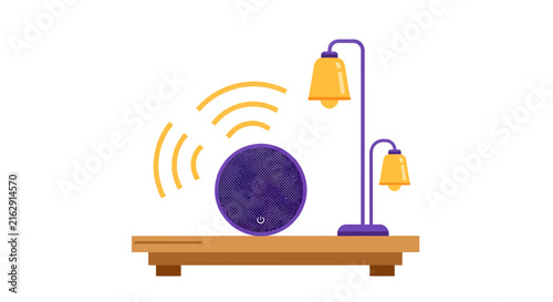 Smart Home Voice Assistant Speaker with Sound Waves and Lamp on Wooden Shelf, Flat Style Vector Illustration