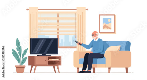 Senior Man Watching TV on Sofa in Modern Living Room Illustration - Elderly Lifestyle and Leisure at Home Vector Concept