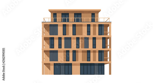 Modern Sustainable Wooden Building Illustration, 4-Story Eco-Friendly Timber Residential Apartment Architecture Isolated on White