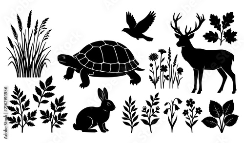 Black Animal and Plant Silhouette Collection with Turtle Rabbit Fox Deer and Botanical Elements