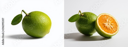 Whole green citrus fruit with a leaf and a halved citrus fruit showing its juicy orange interior.