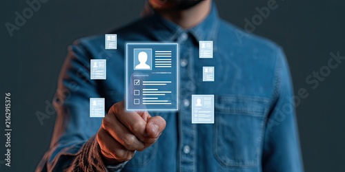 Man Interacting with Futuristic Digital Resume Interface on a Dark Background.