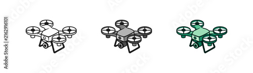 Quadcopter Icon Set. A collection of three stylized quadcopter icons in different color schemes and line art styles for digital use. Vector