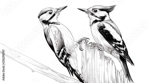 Two Woodpeckers Perched on a Log in Black and White Sketch Style
