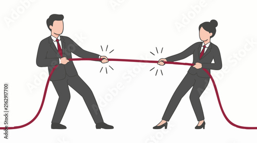 Foto Businessman and businesswoman pulling on a rope in a tug-of-war contest