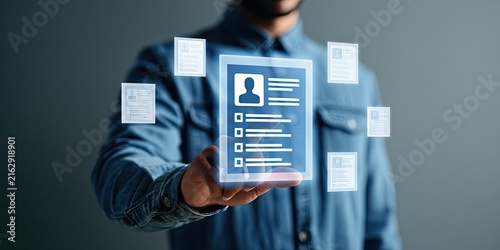 Digital Resume Displayed on Futuristic Tablet with Floating Information Cards.