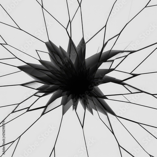 An abstract white void surface fracturing dramatically under immense unseen pressure, forming sharp cracks and strange dark shadows ,damaged ,error ,failure