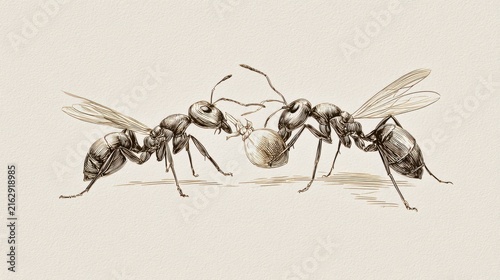 Detailed Illustration of Ants Engaged in a Collaborative Activity