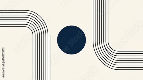 Modern abstract art featuring navy circle and geometric parallel lines.