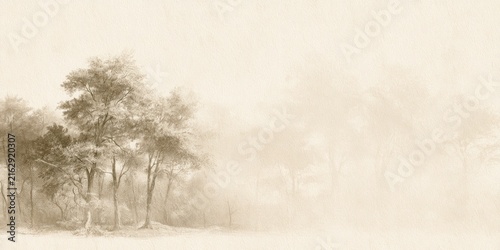 Soft Focus Sepia Tone Forest Landscape with Tall Trees and Hazy Background.
