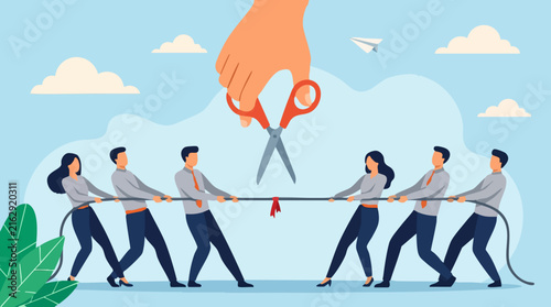 Картината върху платно Intervention in business conflict: giant hand cutting tug-of-war rope
