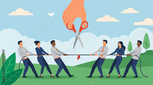Картината върху платно Business teams engaged in tug-of-war, rope cut by giant scissors concept