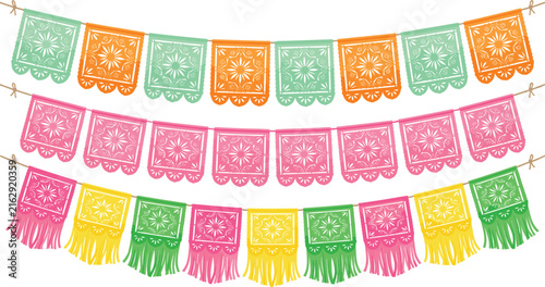 Colorful papel picado Mexican party garland banners for Cinco de Mayo fiesta celebration background vector illustration