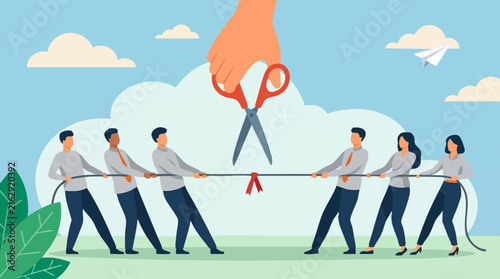 Картината върху платно Ending business conflict: A decisive cut to the tug-of-war rope