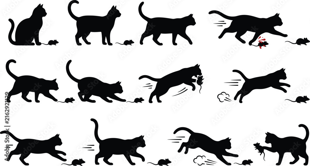Obraz premium set of silhouettes of cats and rat vactor