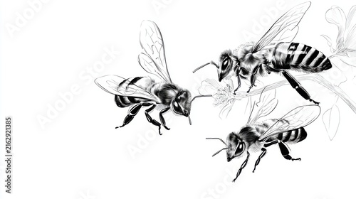 Three Detailed Illustrations of Bees on White Background