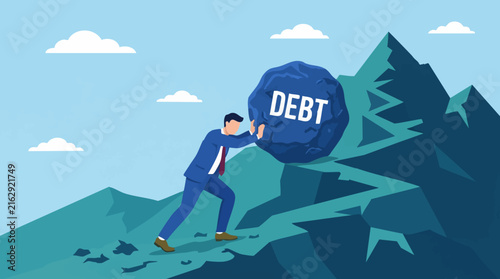 Obraz na plátně Businessman pushing heavy debt rock up a steep mountain, financial struggle conc