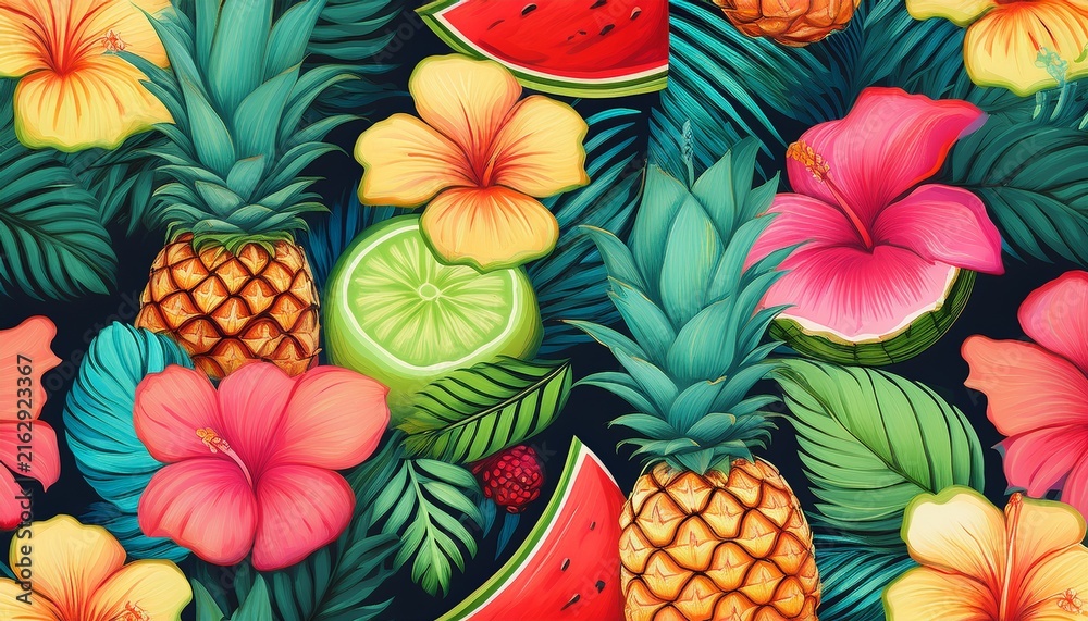 colorful pineapple watermelon lime hibiscus and tropical leaf seamless pattern for summer background