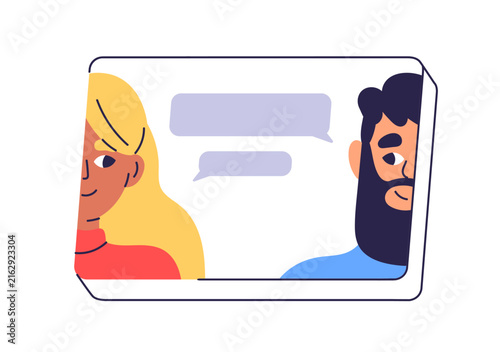 Man and woman with speech bubbles, online conversation, communication. Interv...