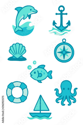 Set of Turquoise Nautical and Marine Life Icons Isolated on White Background