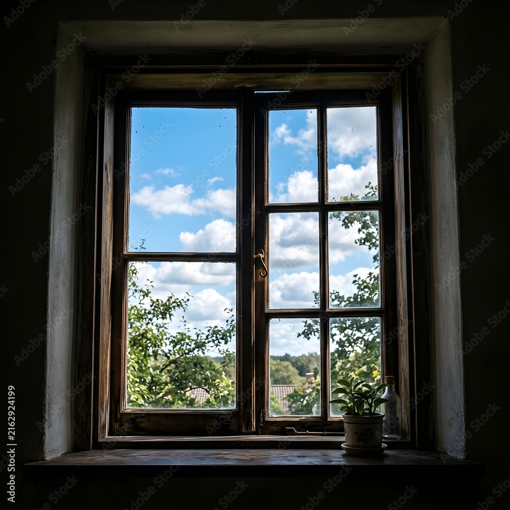 Fototapeta premium Open wooden window with view of blue sky clouds and green trees outside photography