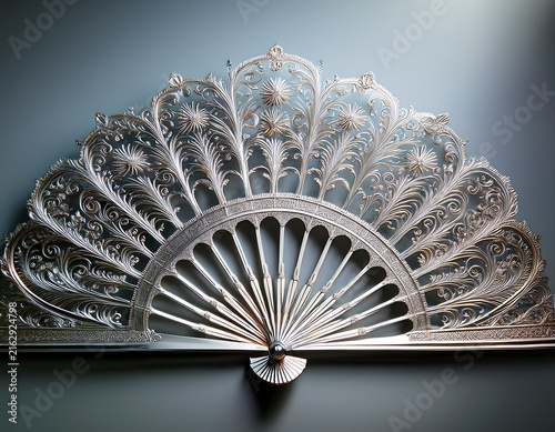 intricate silver decorative fan with detailed openwork design against a soft gradient background creating artistic elegance