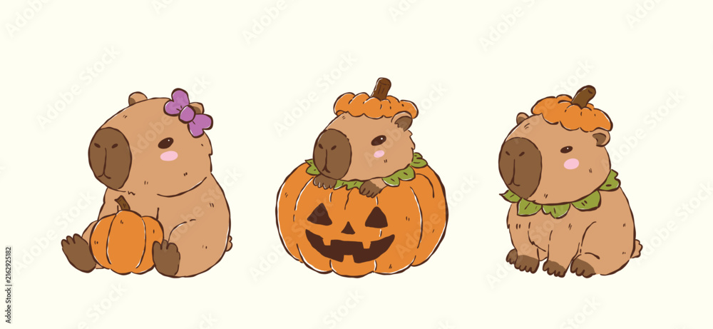 Obraz premium Cute capybara Halloween pumpkin costumes collection set with witch hat and bow, doodle illutration hand drawn halloween element png Decorative items