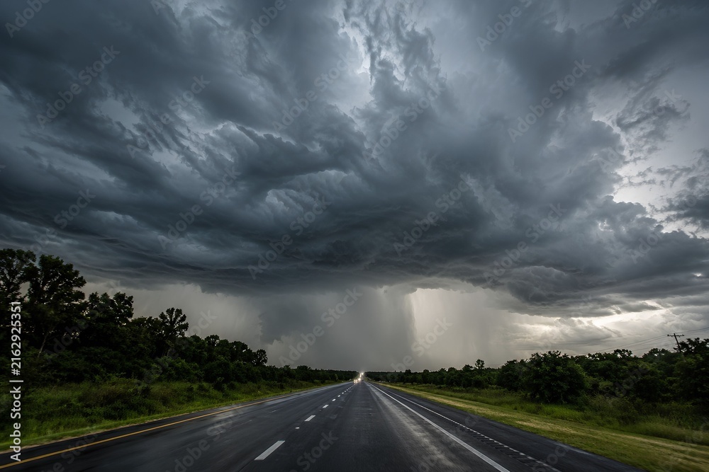 Fototapeta premium Dramatic storm clouds with heavy rain shaft over wet asphalt highway in the countryside