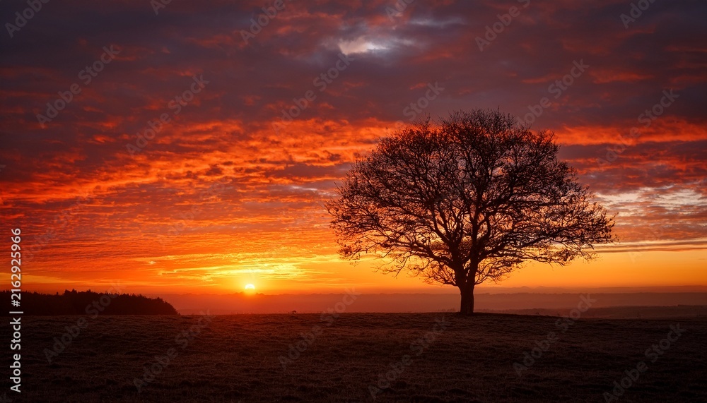 Fototapeta premium a solitary tree stands silhouetted against a vibrant red and orange sunrise creating a breathtaking scene of natural beauty and tranquility