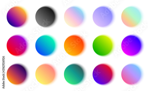 Blurred gradient circle soft drop shadow elements for modern web UI design, abstract smooth round shapes with glowing edges, isolated realistic 3d sphere badges, graphic template set