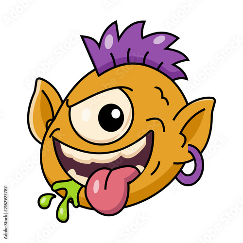 Foto Playful flat cartoon orange cyclops head with one large eye, purple mohawk, pointed ears, earring, tongue, and green drool, boldly outlined on white