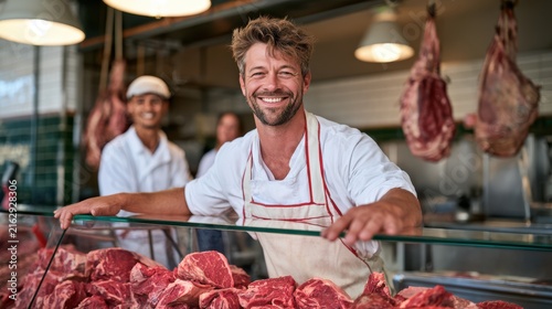 Smiling butchers stand behind a glass counter filled with fresh raw meat in a lively market setting.