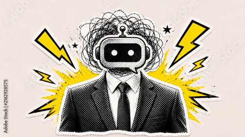 Pop Art Halftone Businessperson with Artificial Intelligence Robot, AI Technology and Business Automation Concept, Digital Transformation in Torn Paper Collage Style
