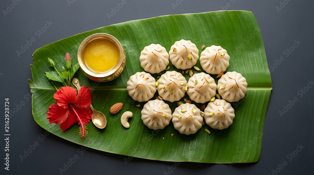 Fototapeta premium Traditional modak sweets served on a banana leaf with ghee and hibiscus flower