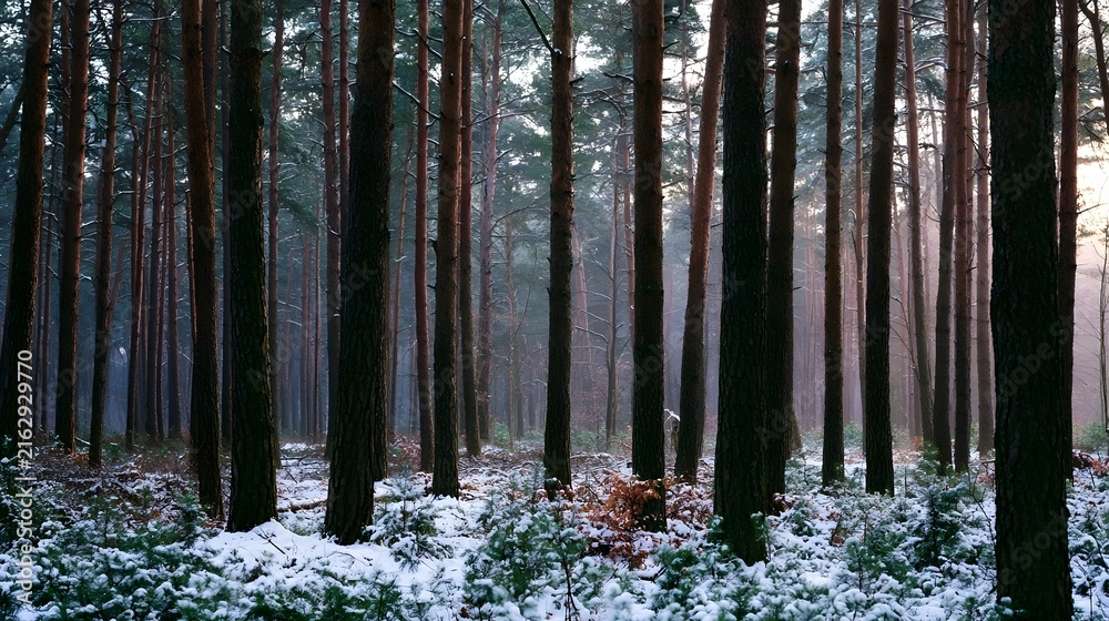 Naklejka premium Tall pine trees stand in a quiet forest blanketed with fresh snow under soft morning light