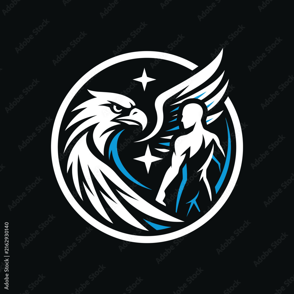 Fototapeta premium Eagle and human silhouette circular emblem design.