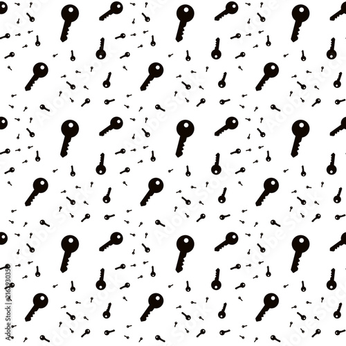 Seamless pattern of black key silhouettes on white background for security and access concept
