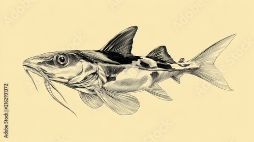 Detailed Illustration of a Catfish with Elegant Fin Structure