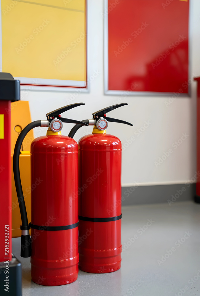 Obraz premium Fire safety and emergency preparedness, two red fire extinguishers standing indoors in a commercial building