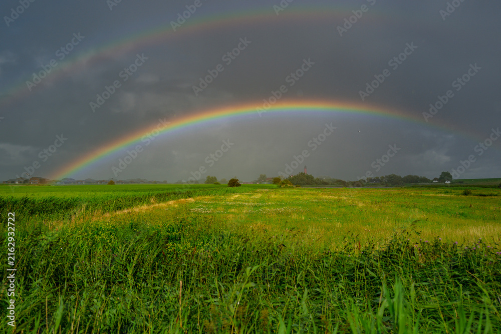 Fototapeta premium Rainbow arches across green field. Colorful rainbow follows dramatic weather. Rainbow enhances rural landscape. Brilliant rainbow dominates cloudscape naturally.