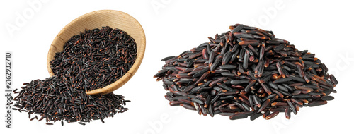 Black rice in wooden bowl isolated on white background with full depth of field